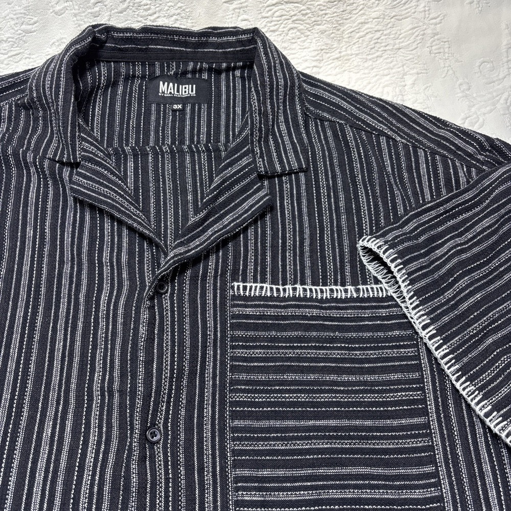 Malibu by Drill Clothing Textured Fabric Linen Look Black Stripe Shirt 3XL